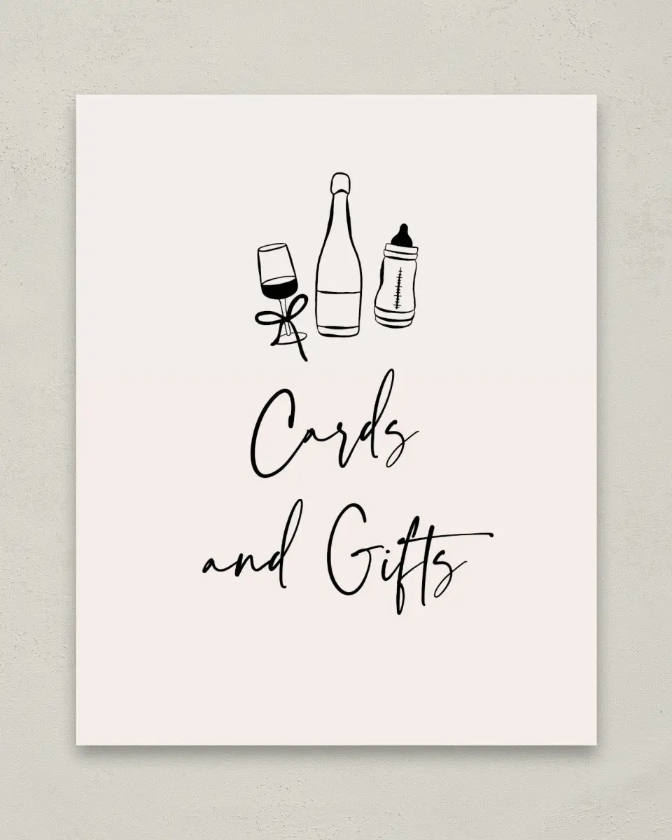 This is a 8" x 10" Cards & Gifts Baby Shower Sign called Sip & See printed in full color