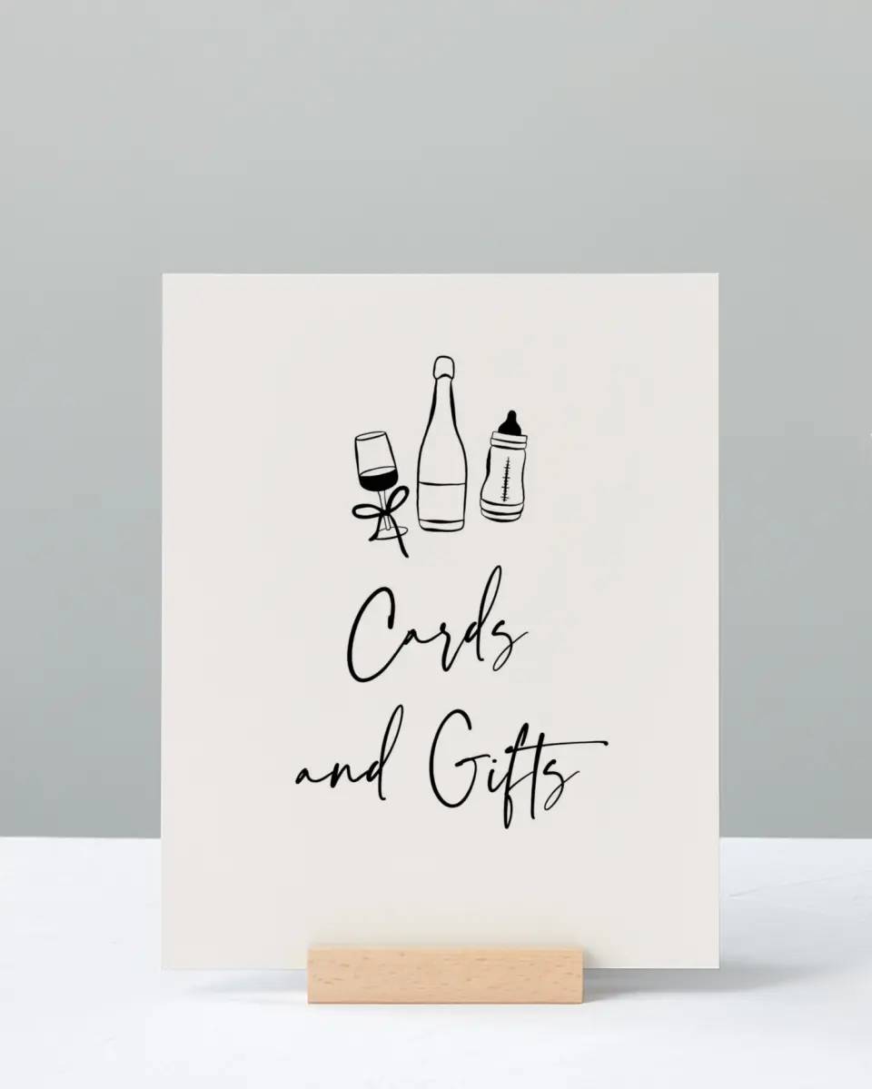 This is a 8" x 10" Cards & Gifts Baby Shower Sign called Sip & See printed in full color