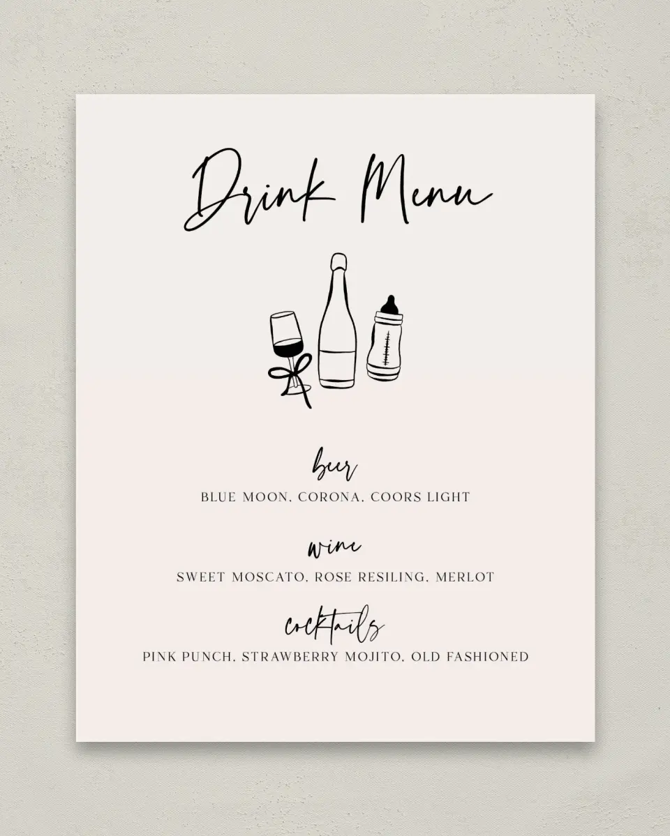 This is a 8" x 10" Menu Baby Shower Sign called Sip & See printed in full color