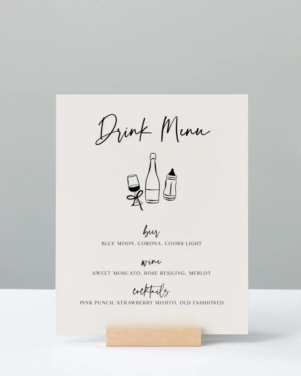 This is a 8" x 10" Menu Baby Shower Sign called Sip & See printed in full color with Silver foil