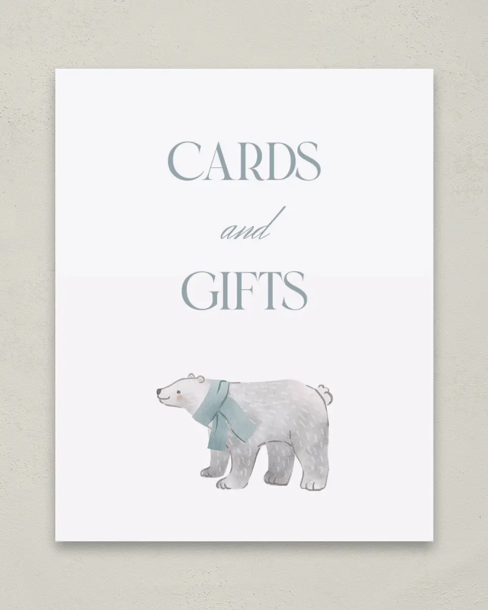 This is a 8" x 10" Cards & Gifts Baby Shower Sign called Arctic Animals printed in full color