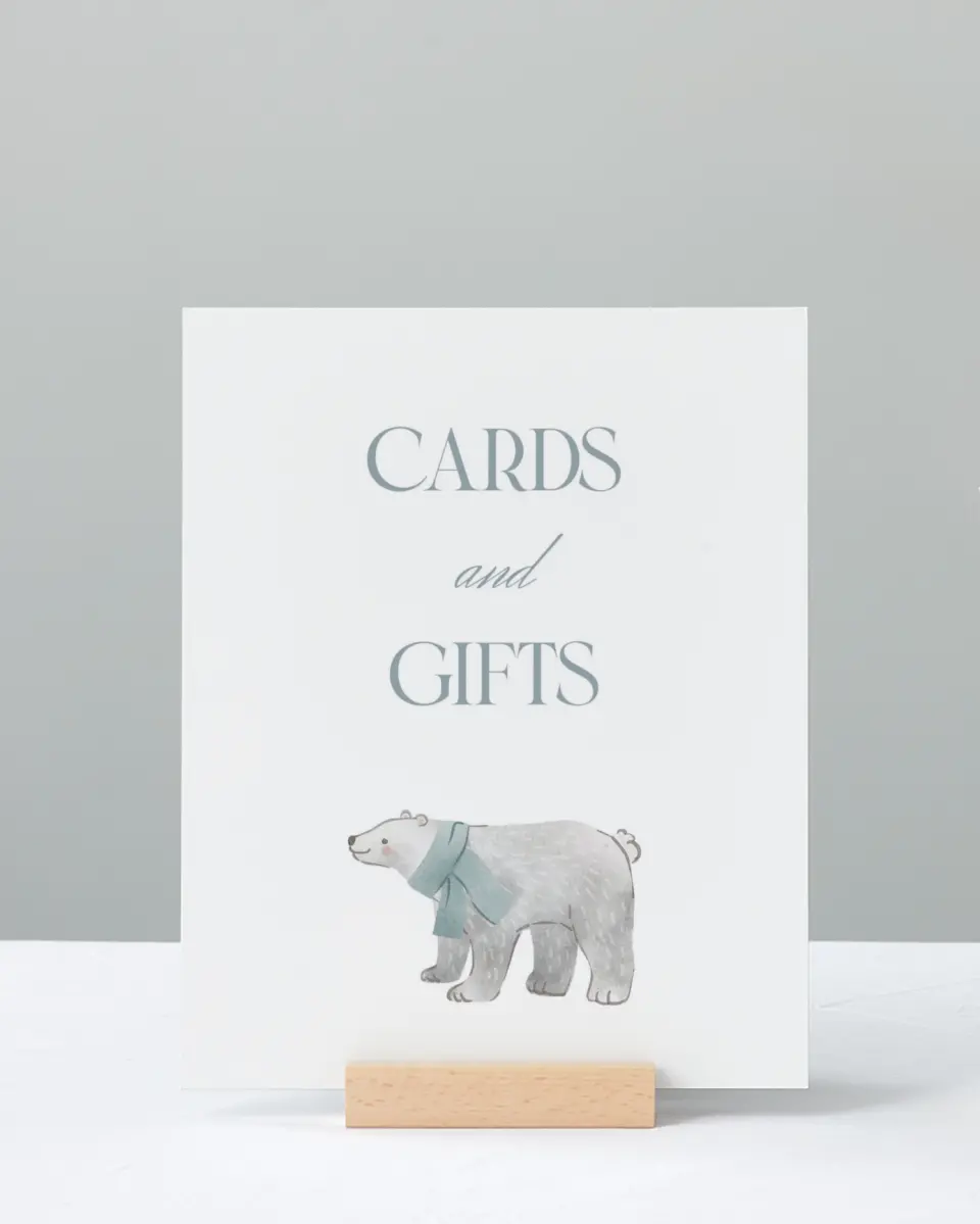 This is a 8" x 10" Cards & Gifts Baby Shower Sign called Arctic Animals printed in full color