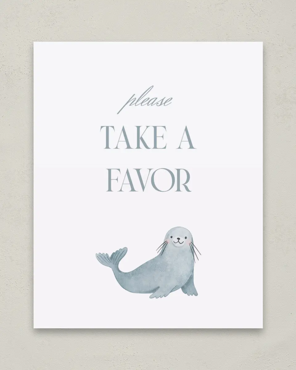 This is a 8" x 10" Take a Favor Baby Shower Sign called Arctic Animals printed in full color