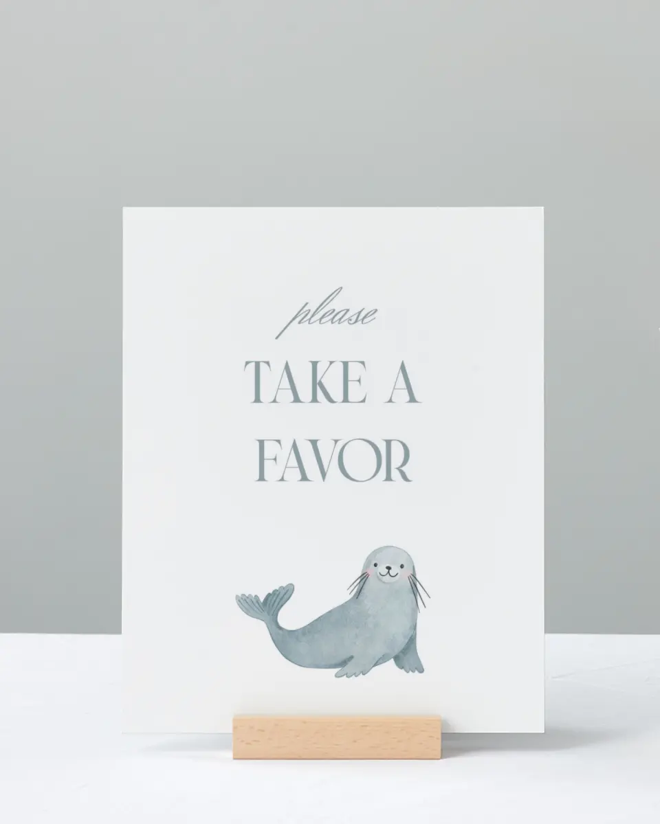 This is a 8" x 10" Take a Favor Baby Shower Sign called Arctic Animals printed in full color