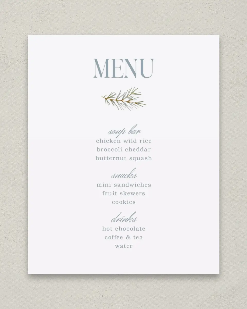 This is a 8" x 10" Menu Baby Shower Sign called Arctic Animals printed in full color