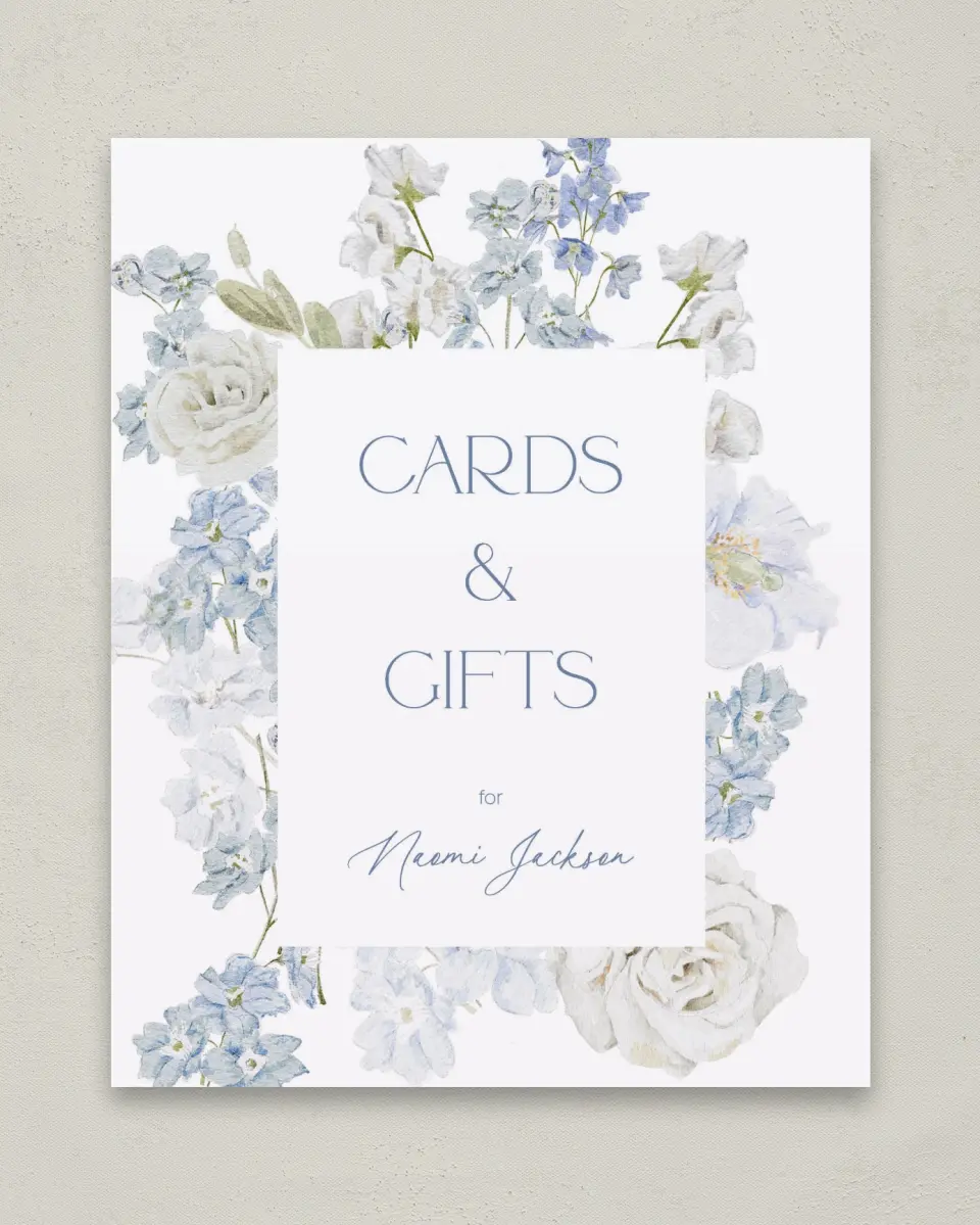 This is a 8" x 10" Cards & Gifts Baby Shower Sign called Darling Delphinium printed in full color with Rose Gold foil