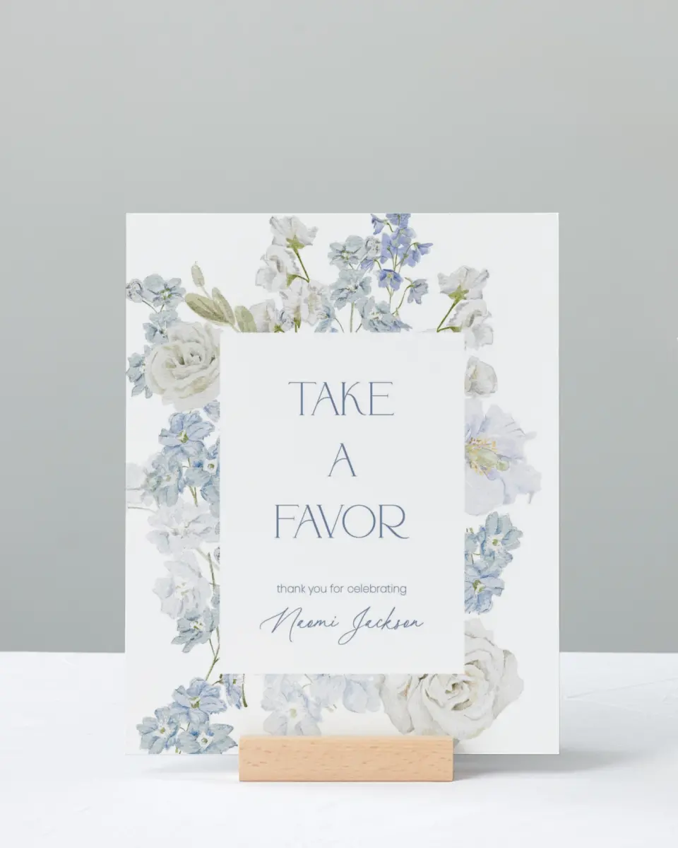 This is a 8" x 10" Take a Favor Baby Shower Sign called Darling Delphinium printed in full color