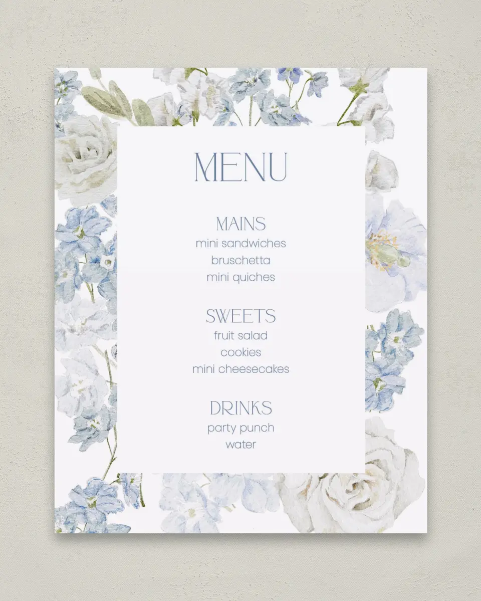 This is a 8" x 10" Menu Baby Shower Sign called Darling Delphinium printed in full color