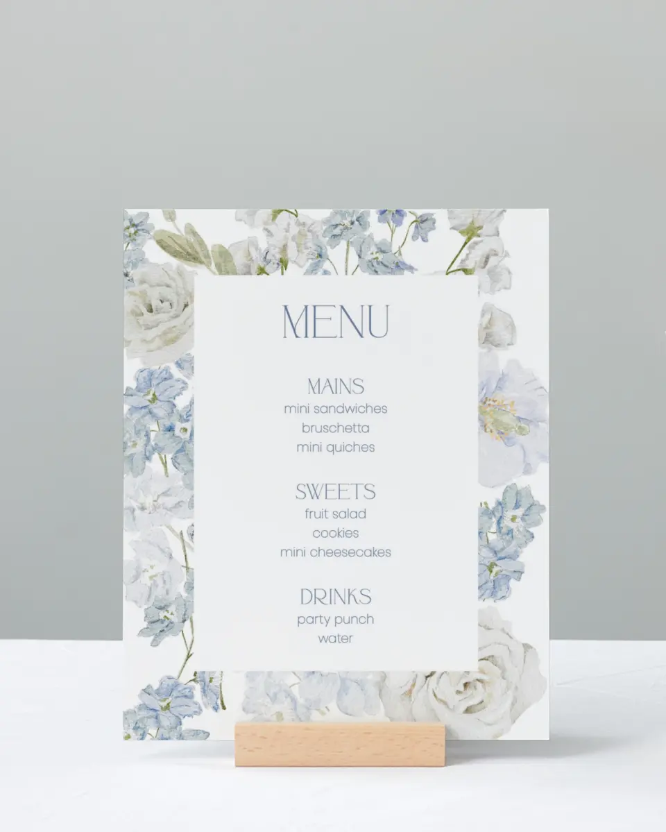 This is a 8" x 10" Menu Baby Shower Sign called Darling Delphinium printed in full color
