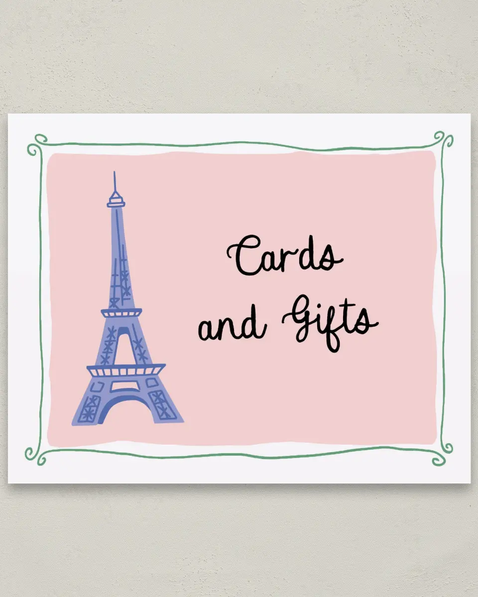 This is a 8" x 10" Cards & Gifts Baby Shower Sign called Bonjour Bebe printed in full color with Rose Gold foil