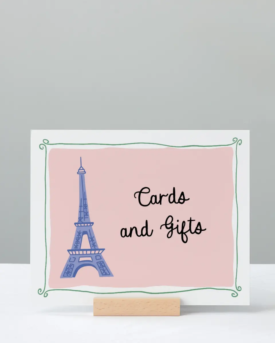 This is a 8" x 10" Cards & Gifts Baby Shower Sign called Bonjour Bebe printed in full color