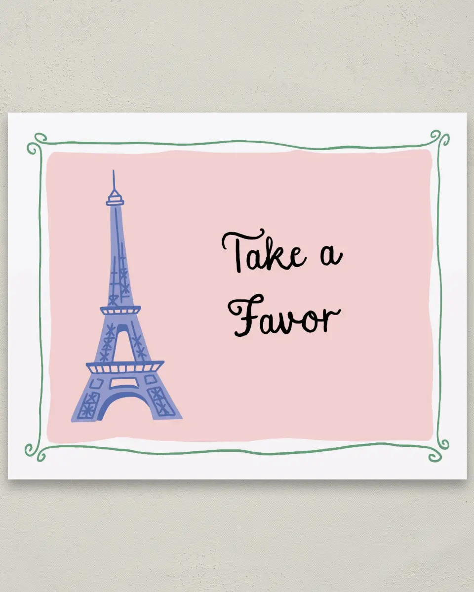 This is a 8" x 10" Take a Favor Baby Shower Sign called Bonjour Bebe printed in full color with Silver foil