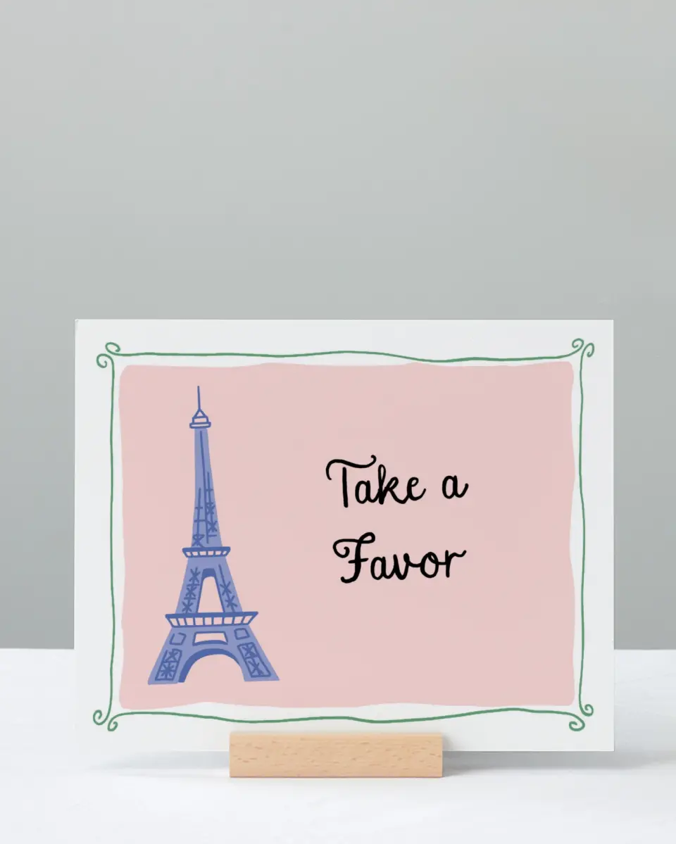 This is a 8" x 10" Take a Favor Baby Shower Sign called Bonjour Bebe printed in full color with Silver foil