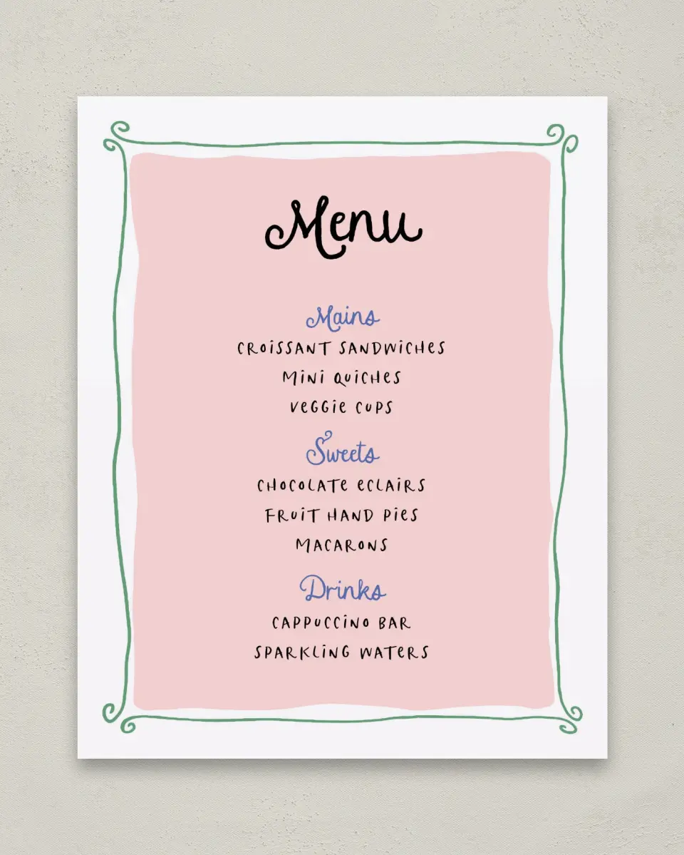 This is a 8" x 10" Menu Baby Shower Sign called Bonjour Bebe printed in full color