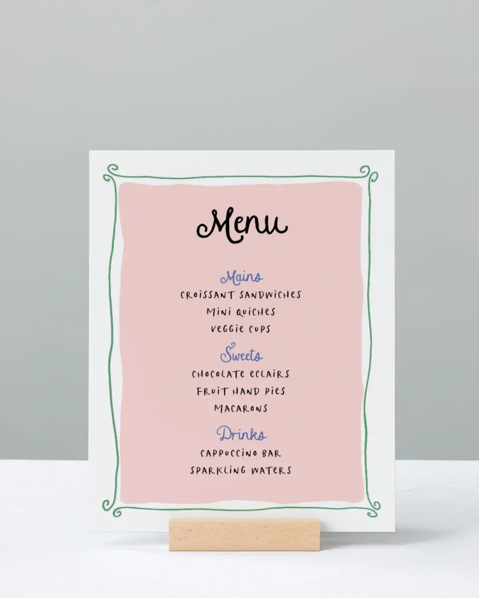 This is a 8" x 10" Menu Baby Shower Sign called Bonjour Bebe printed in full color with Silver foil