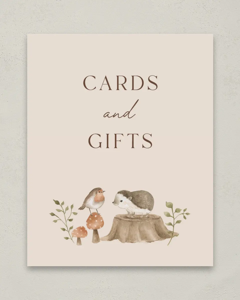 This is a 8" x 10" Cards & Gifts Baby Shower Sign called Enchanting Forest printed in full color
