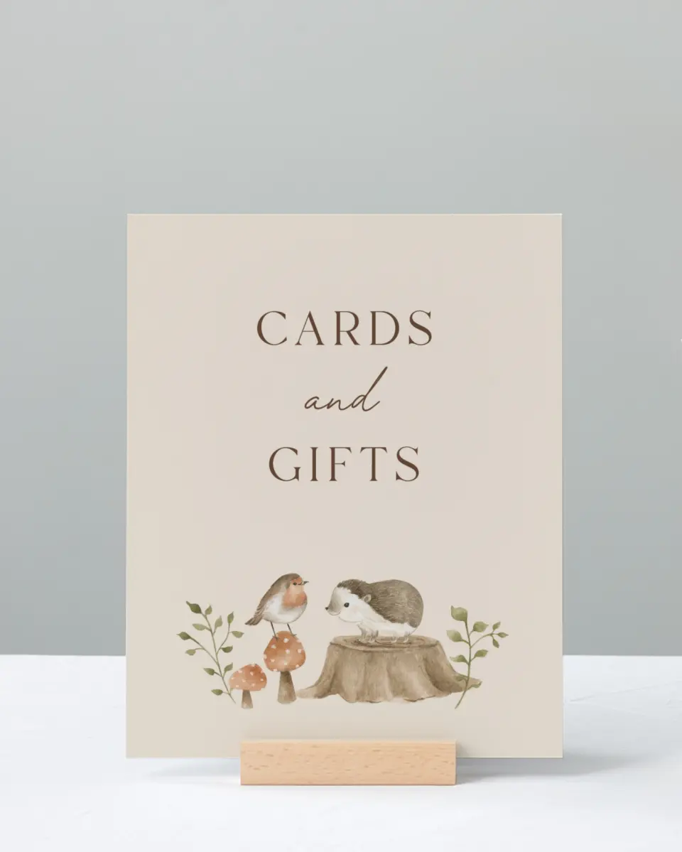 This is a 8" x 10" Cards & Gifts Baby Shower Sign called Enchanting Forest printed in full color