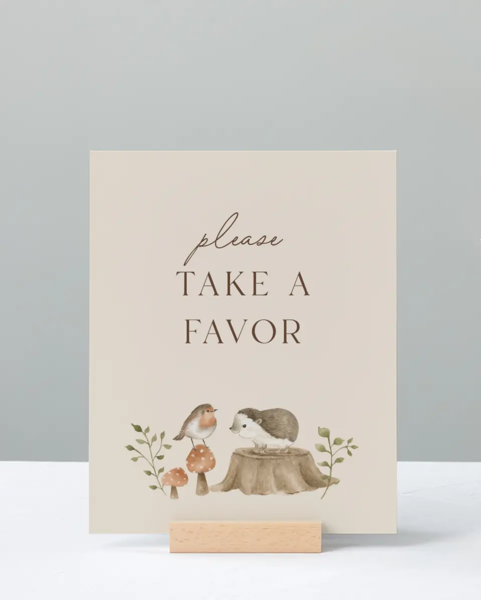 This is a 8" x 10" Take a Favor Baby Shower Sign called Enchanting Forest printed in full color with Silver foil
