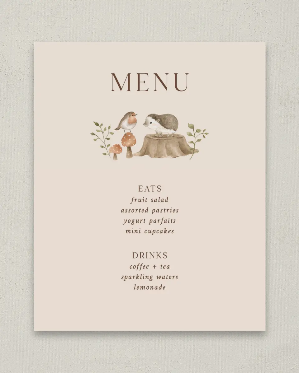 This is a 8" x 10" Menu Baby Shower Sign called Enchanting Forest printed in full color