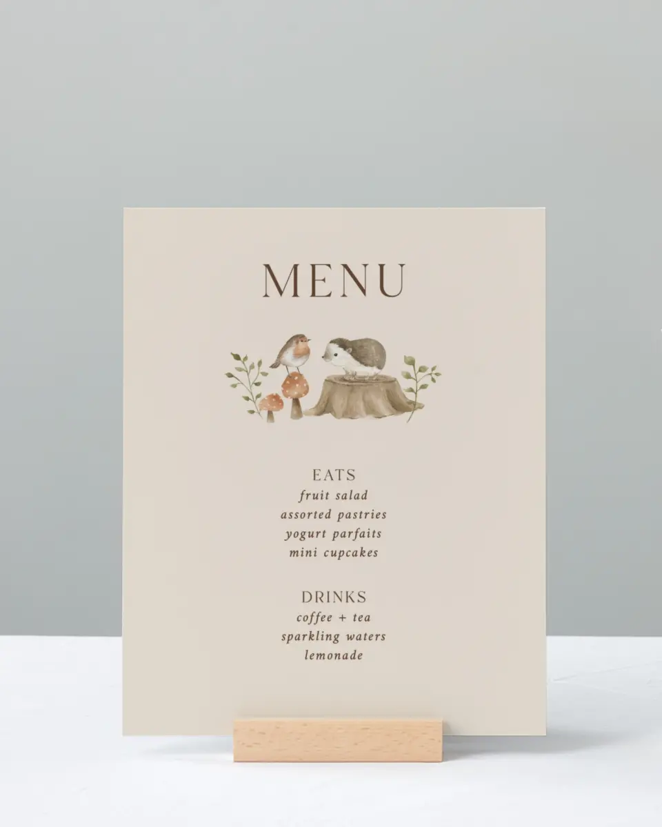 This is a 8" x 10" Menu Baby Shower Sign called Enchanting Forest printed in full color with Silver foil