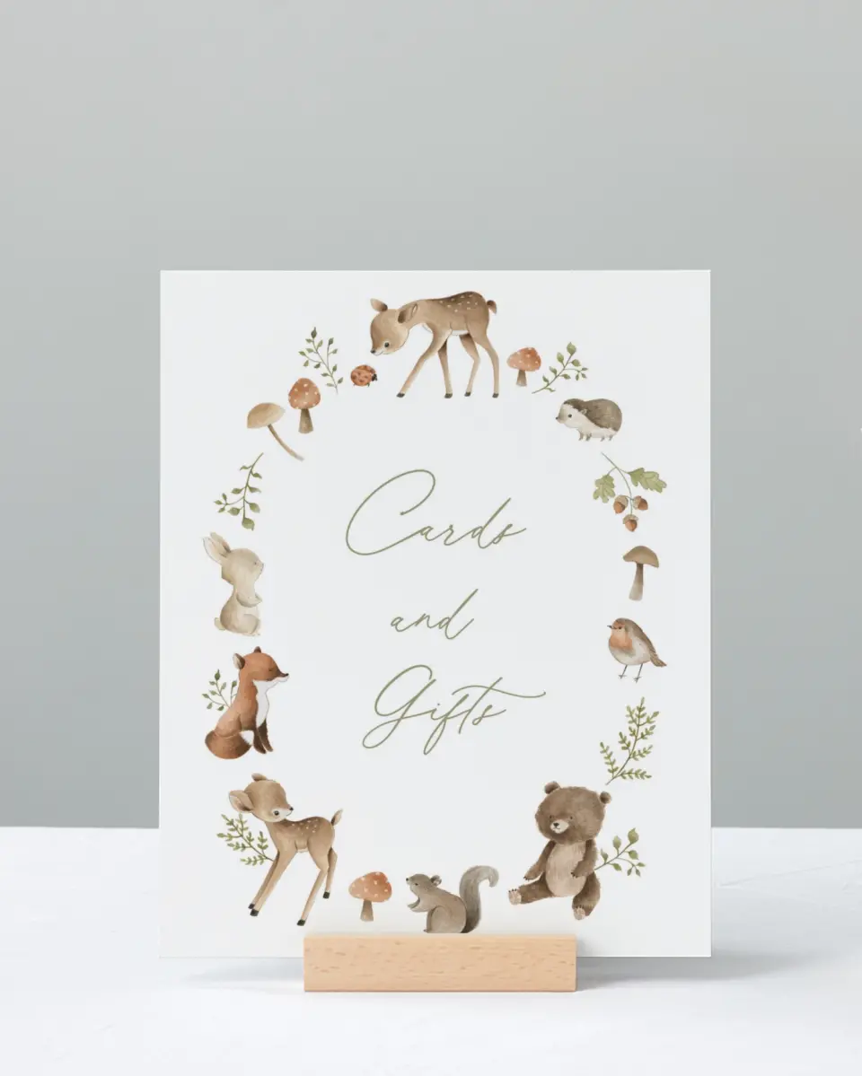 This is a 8" x 10" Cards & Gifts Baby Shower Sign called Woodland Wonder printed in full color