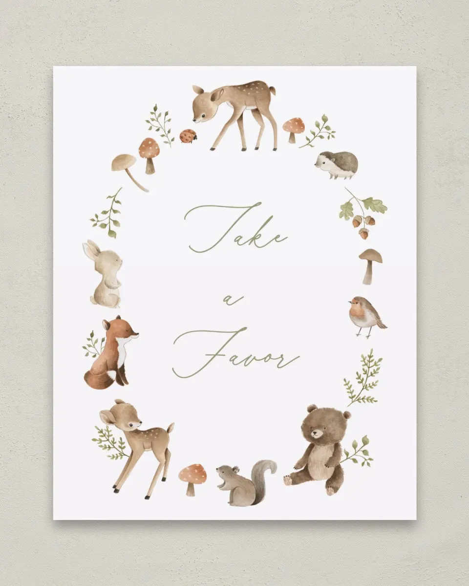 This is a 8" x 10" Take a Favor Baby Shower Sign called Woodland Wonder printed in full color with Silver foil
