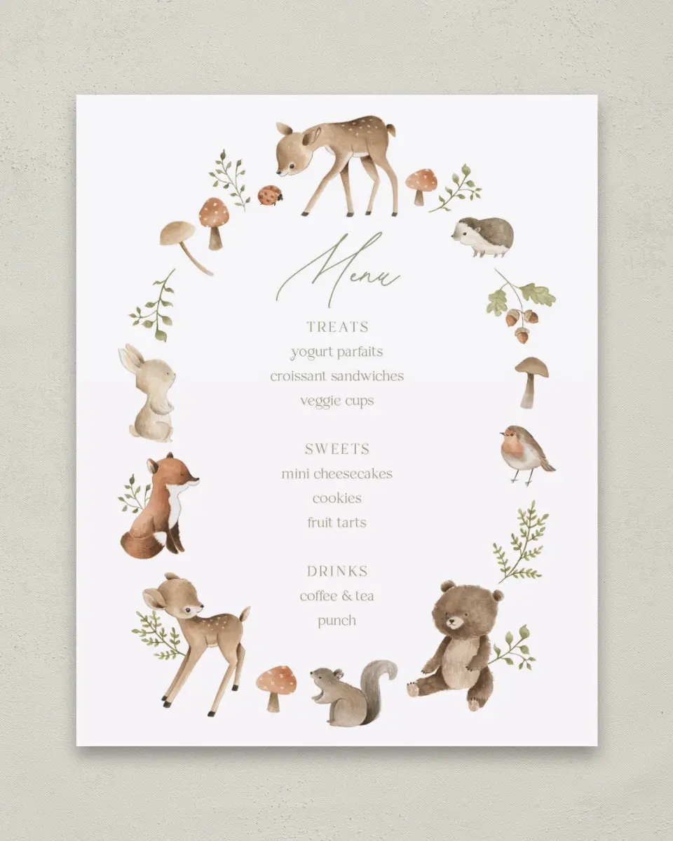 This is a 8" x 10" Menu Baby Shower Sign called Woodland Wonder printed in full color