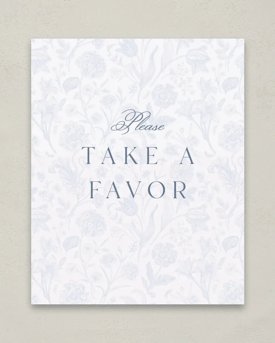 This is a 8" x 10" Take a Favor Baby Shower Sign called Blissful Blooms printed in full color with Silver foil