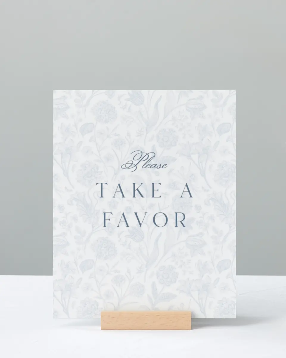 This is a 8" x 10" Take a Favor Baby Shower Sign called Blissful Blooms printed in full color with Silver foil