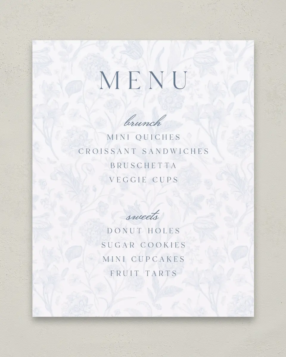 This is a 8" x 10" Menu Baby Shower Sign called Blissful Blooms printed in full color