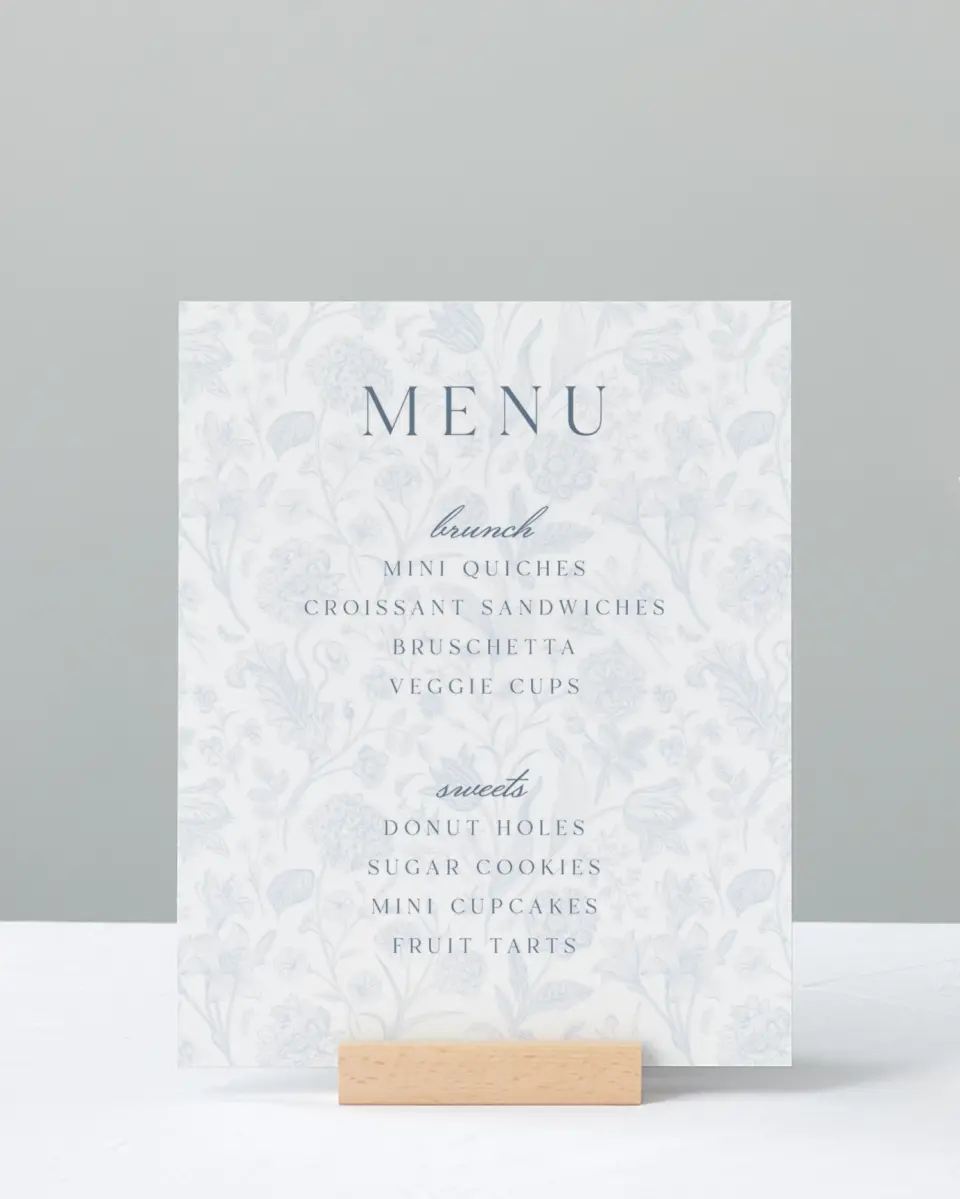 This is a 8" x 10" Menu Baby Shower Sign called Blissful Blooms printed in full color with Silver foil