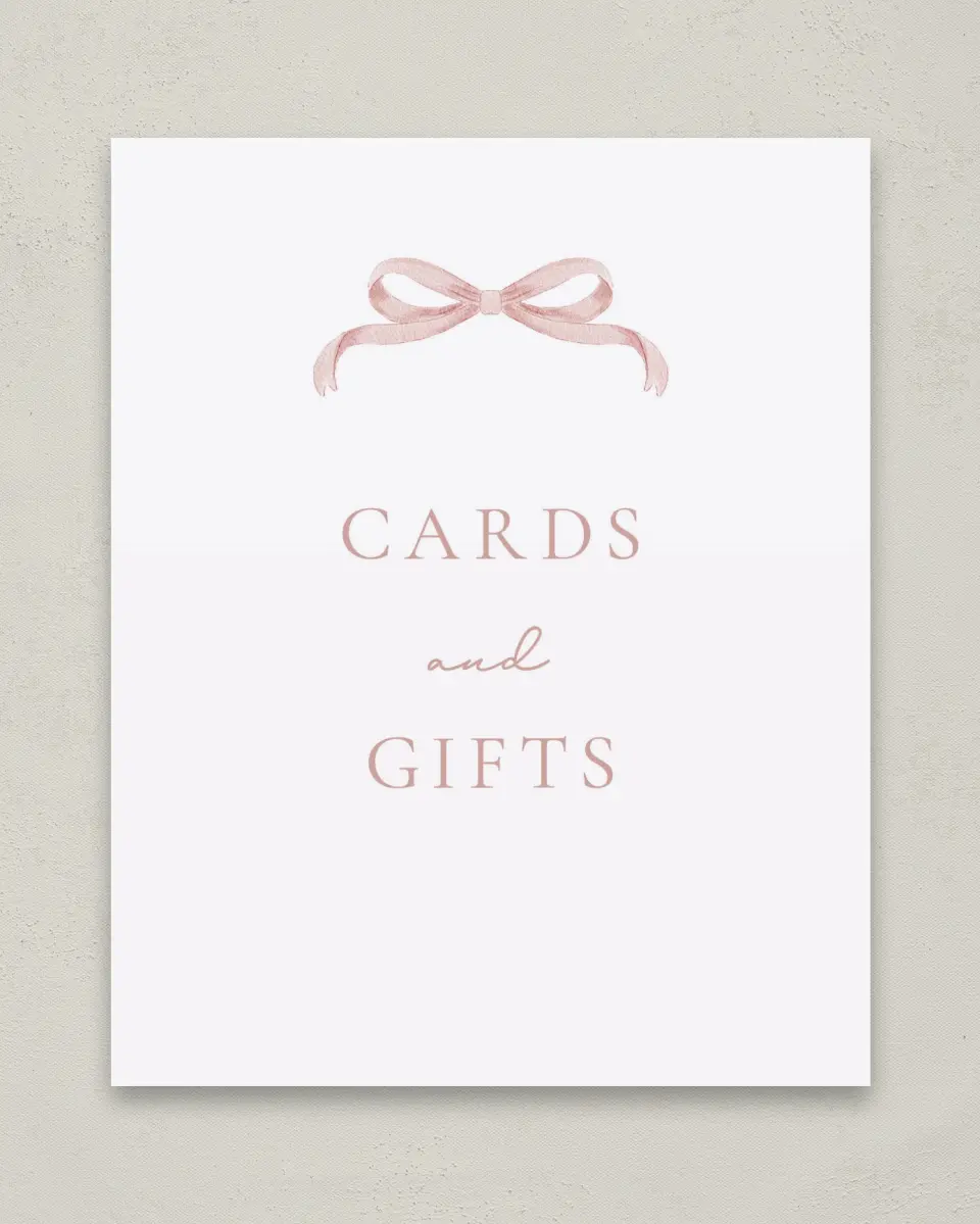 This is a 8" x 10" Cards & Gifts Baby Shower Sign called Bitty Bow printed in full color