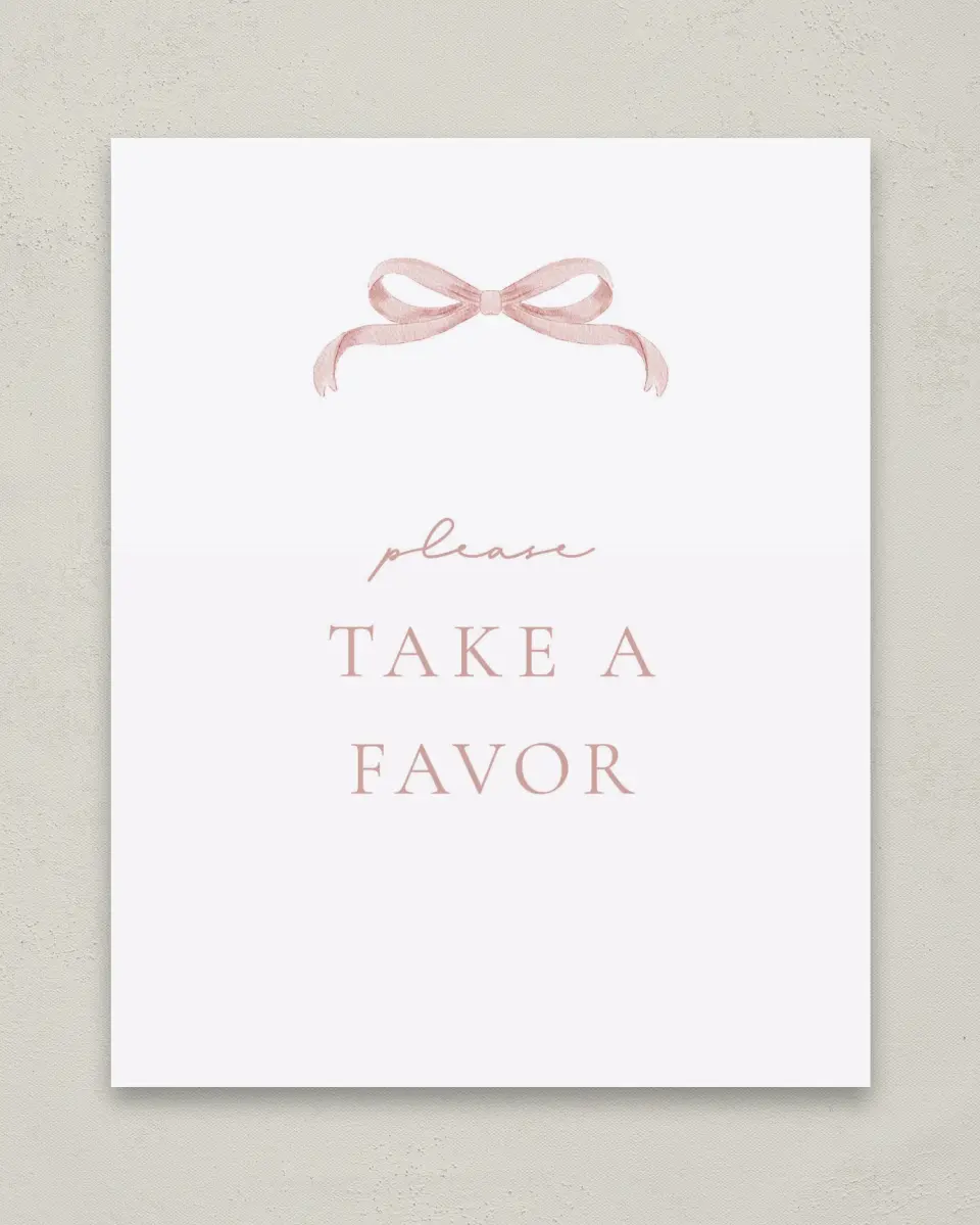 This is a 8" x 10" Take a Favor Baby Shower Sign called Bitty Bow printed in full color with Silver foil