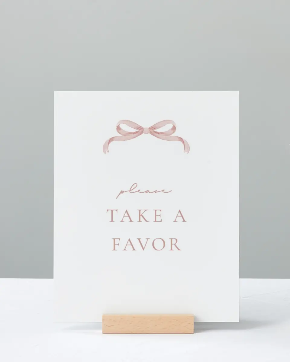 This is a 8" x 10" Take a Favor Baby Shower Sign called Bitty Bow printed in full color with Silver foil