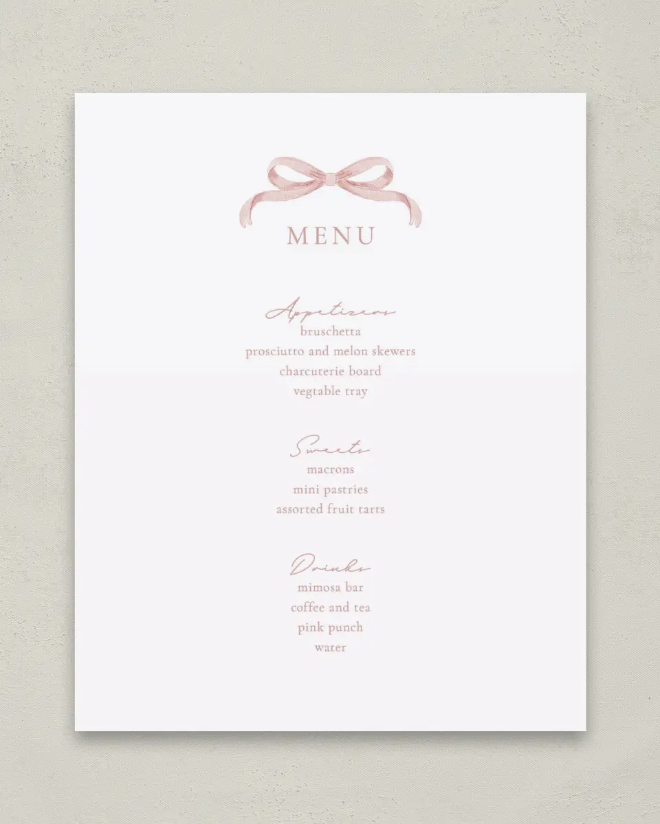 This is a 8" x 10" Menu Baby Shower Sign called Bitty Bow printed in full color