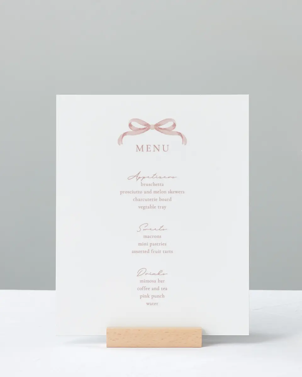 This is a 8" x 10" Menu Baby Shower Sign called Bitty Bow printed in full color with Silver foil