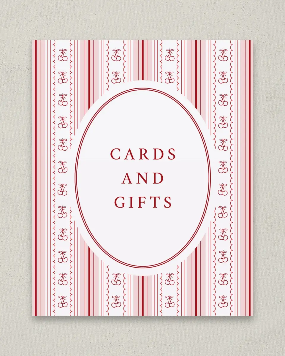 This is a 8" x 10" Cards & Gifts Baby Shower Sign called Coquette Cherries printed in full color with Rose Gold foil