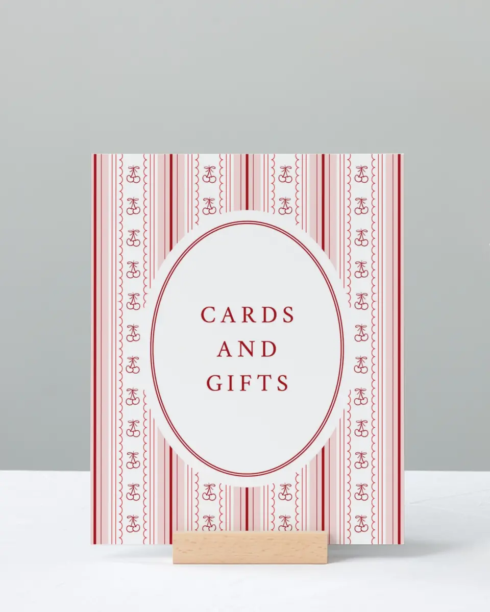 This is a 8" x 10" Cards & Gifts Baby Shower Sign called Coquette Cherries printed in full color