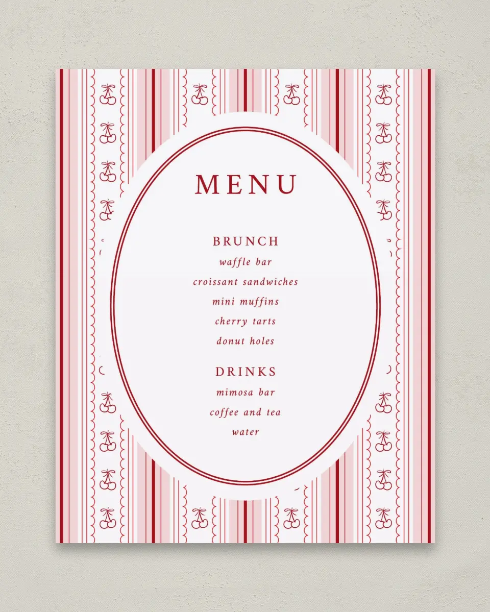 This is a 8" x 10" Menu Baby Shower Sign called Coquette Cherries printed in full color