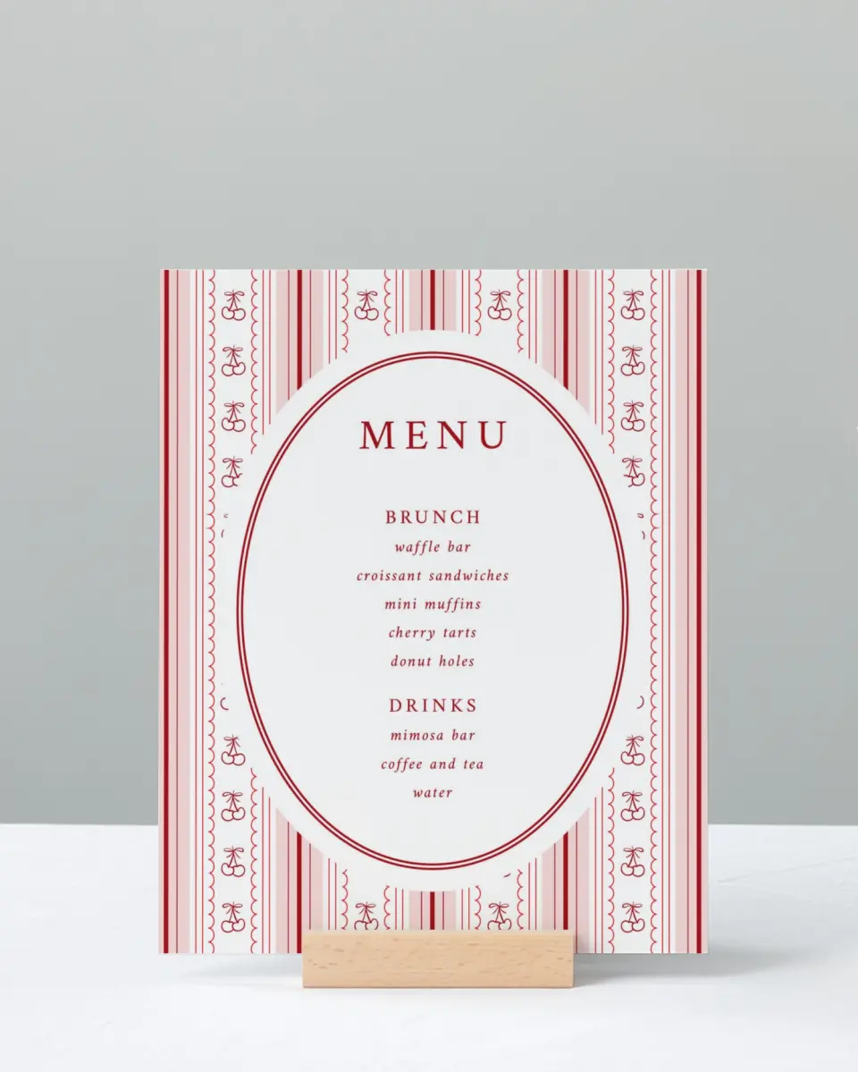 This is a 8" x 10" Menu Baby Shower Sign called Coquette Cherries printed in full color with Silver foil