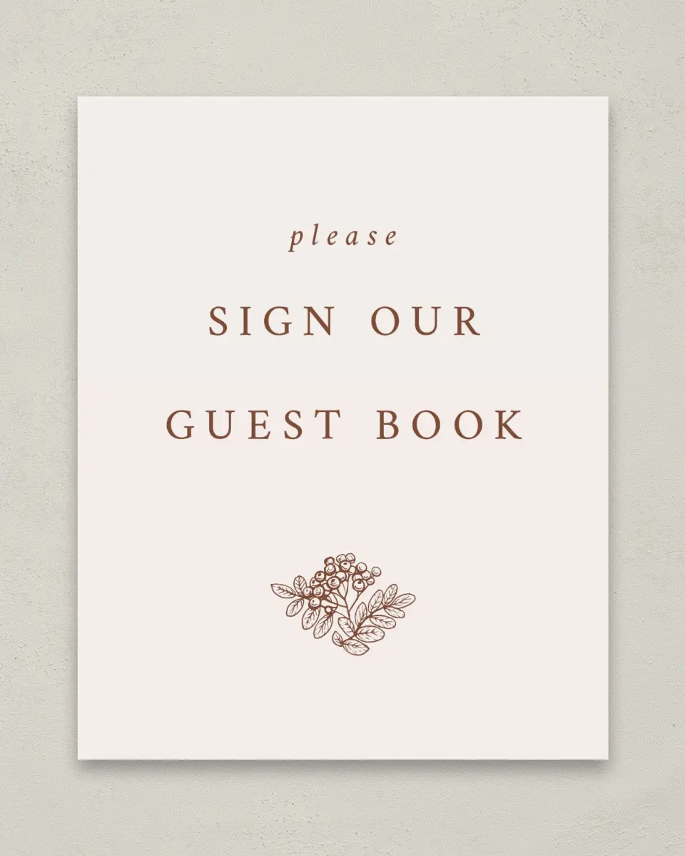 This is a 8" x 10" Guest Book Sign called Autumn Vow printed in full color with Gold foil