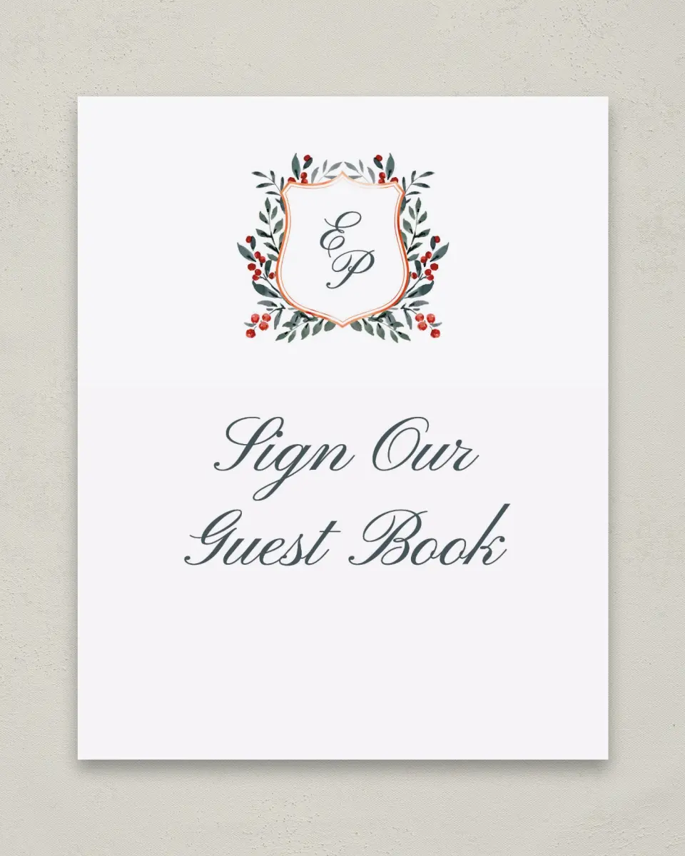 This is a 8" x 10" Guest Book Sign called Heirloom Holly printed in full color
