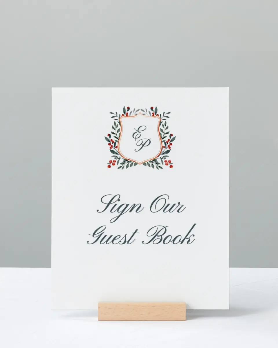 This is a 8" x 10" Guest Book Sign called Heirloom Holly printed in full color