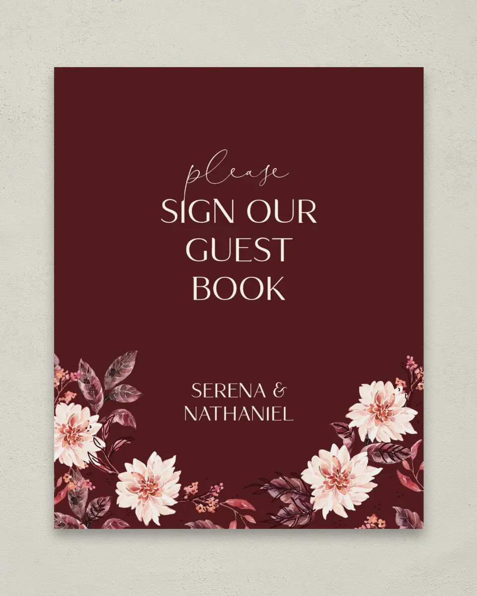 This is a 8" x 10" Guest Book Sign called Fall Florals printed in full color with Gold foil
