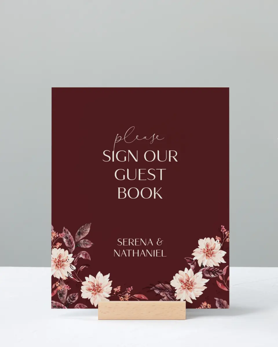 This is a 8" x 10" Guest Book Sign called Fall Florals printed in full color with Silver foil