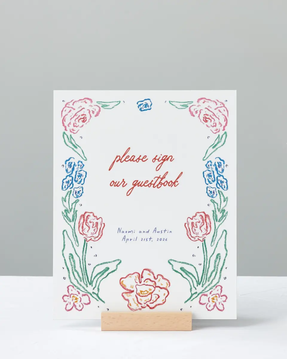 This is a 8" x 10" Guest Book Sign called Whimsy Love printed in full color with Silver foil