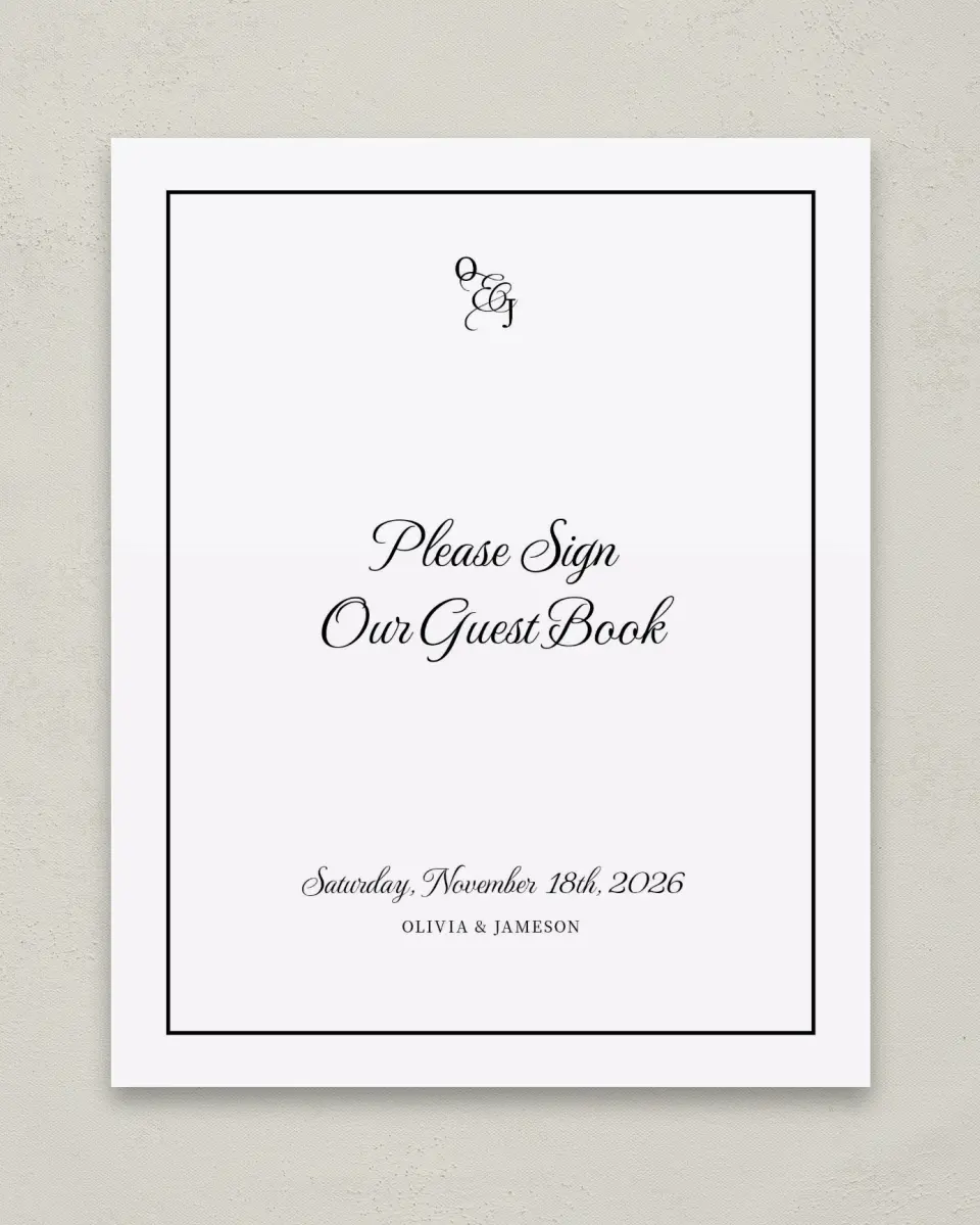 This is a 8" x 10" Guest Book Sign called Scarsdale printed in full color with Silver foil