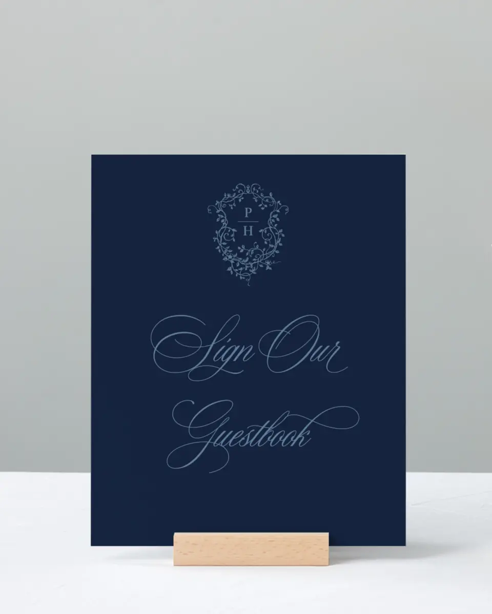 This is a 8" x 10" Guest Book Sign called Berkeley printed in full color with Silver foil