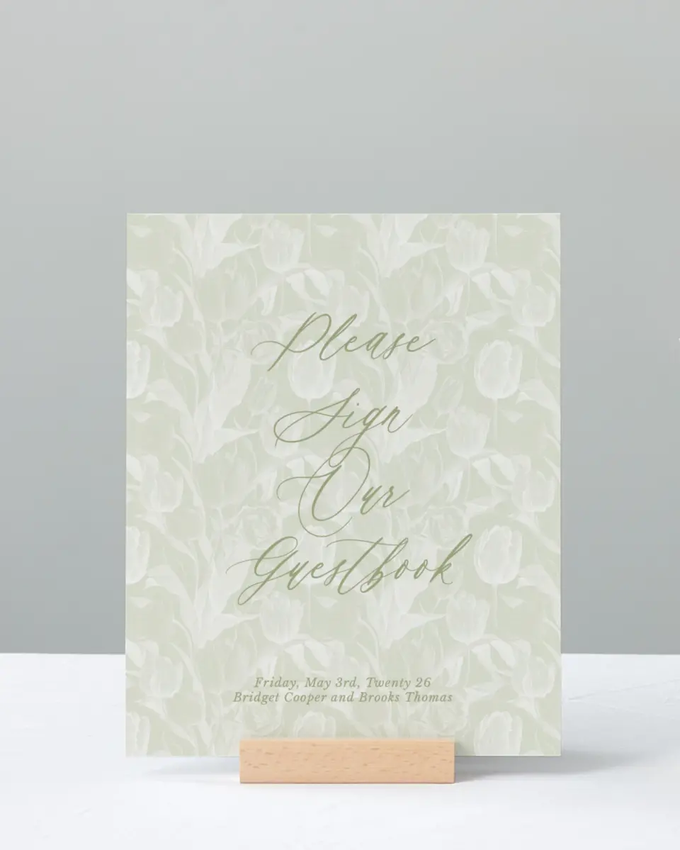 This is a 8" x 10" Guest Book Sign called Timeless Tulips printed in full color