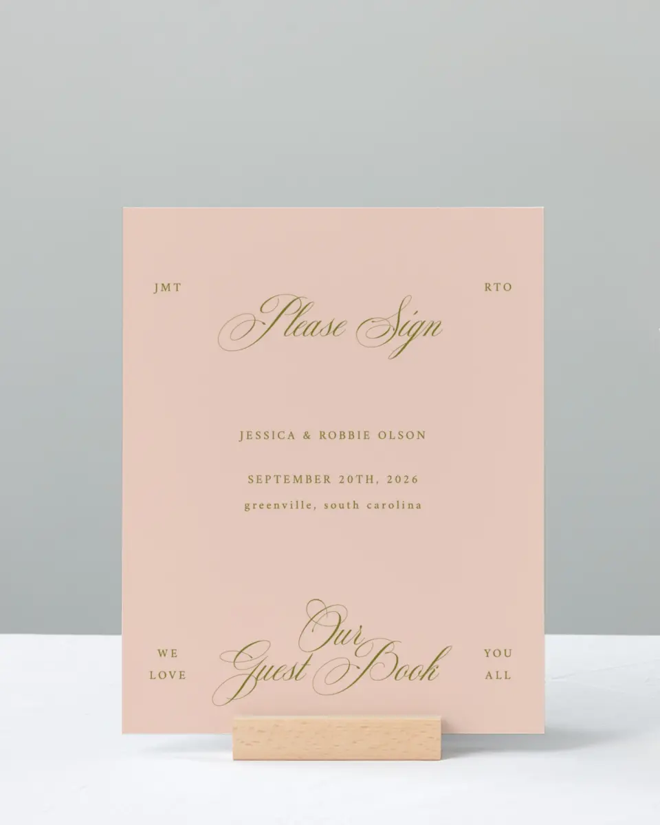 This is a 8" x 10" Guest Book Sign called Love Off Script printed in full color with Silver foil